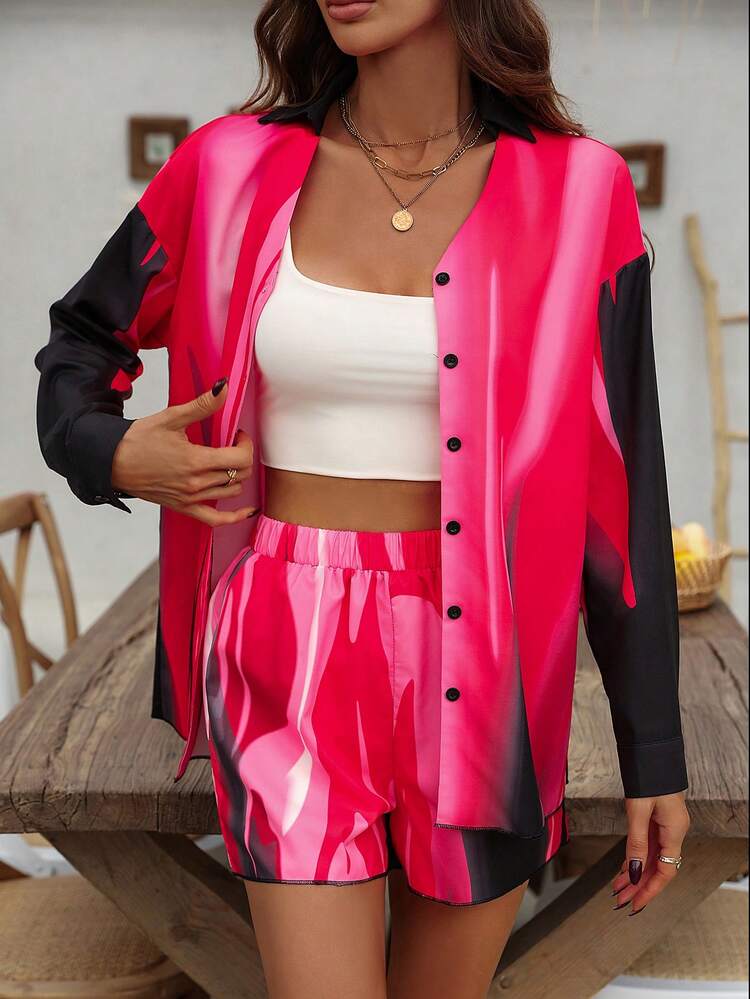 Ladies' Contrast Color V-Neck Long Sleeve Top And Shorts Two Pieces Set Fall Cloth For Women