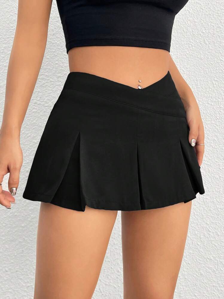 SHEIN PETITE 女士實色不對稱腰部褶皺迷你裙 - 黑色 - 查看 5