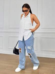 SHEIN EZwear Plus Size Halter Neck Sleeveless White Shirt Top - White - View 4