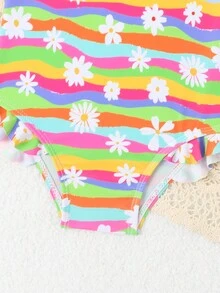 Baby Girl Ruffle Trim Wave Striped Halter Swimsuit - Multicolor - View 5