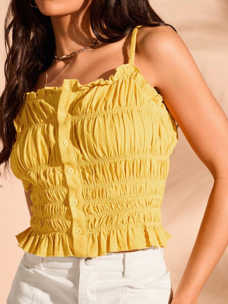 New Arrival Solid Color Frill Decorated Front Button Camisole Top