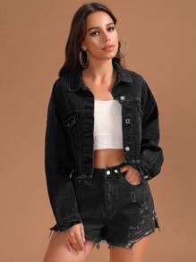 SHEIN Essnce 女裝深色翻領牛仔夾克 - 黑色 - 查看 5