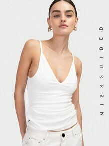 MISSGUIDED 深V領肋紋背心上衣 - 白色 - 查看 4