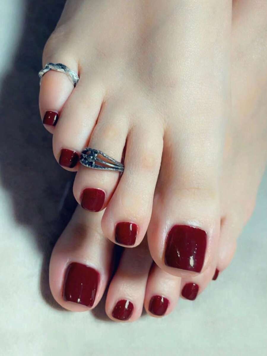 VV MEI JIA ER Instantly Upgrade Your Look With 24pcs Short Square Solid Minimalist Full Cover Fake Toenail Kit Press On Nails Nail Supplies - Burgundy - View 1