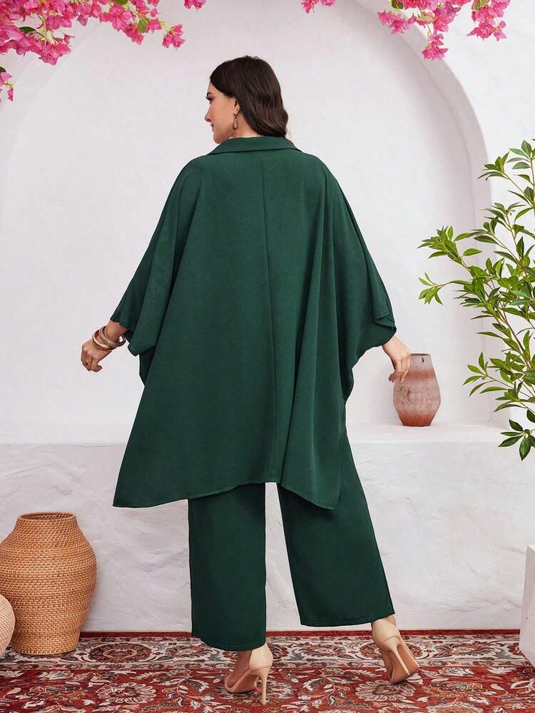 Plus Size Flower Embroidery Batwing Sleeve Top And Pants Two Pieces Set