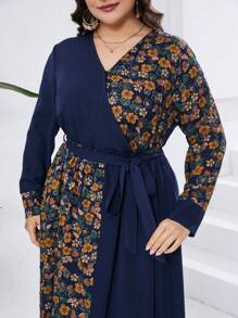Seusyu Talla Grande Vestido De Parches Suelto Con Estampado Floral Y Cuello En V - Azul - Ver 6
