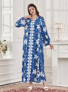 Al Najma Color Blocking Floral Print V-Neck Loose Fit Dress - Blue - View 3