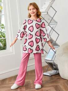 SHEIN Leap Crew 少女輕鬆愛心印花短袖T恤+實色喇叭褲針織套裝2件裝 - 粉色 - 查看 6