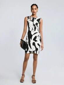 Maija Women's Sleeveless Round Neck Printed Dress - Black and White - View 3