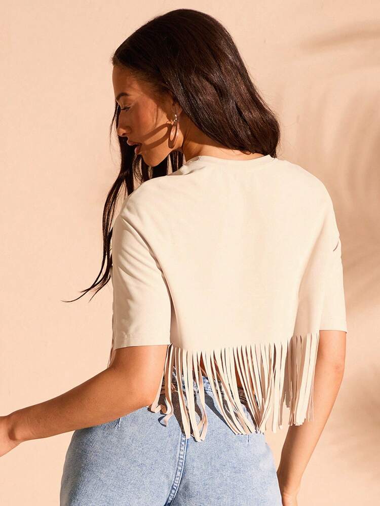 Women's Vintage American-Style Printed Round Neck T-Shirt With Fringe Detail