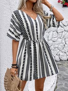 SHEIN VCAY Black And White Geometric Print Mini Dress For Women - Black and White - View 3