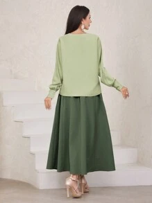 Modelyn 女士纯色蝙蝠袖上衣和高腰百褶裙套装 2 件套 - 綠色 - 查看 2