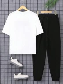 SHEIN Leap Crew Teen Boy Casual Letter Print Color Block Short Sleeve T-Shirt And Long Pants Two-Piece Set For Spring And Summer - Black - View 2