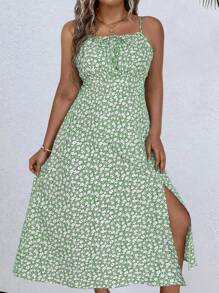 SHEIN LUNE Váy dây mảnh in hoa mùa hè cỡ lớn - màu xanh lá - Xem 6