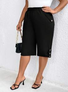 EMERY ROSE Plus Size Elastic Waist Slant Pocket Capri Pants - Black - View 3