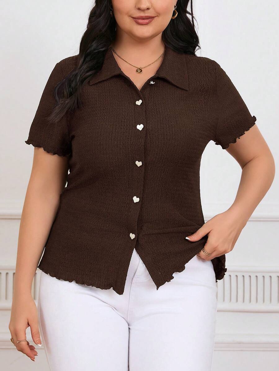 SHEIN Frenchy Plus Size Solid Color Texture Henley T-Shirt - Coffee Brown - View 1