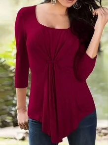 實色褶皺t恤,休閒圓領長袖t恤,女裝