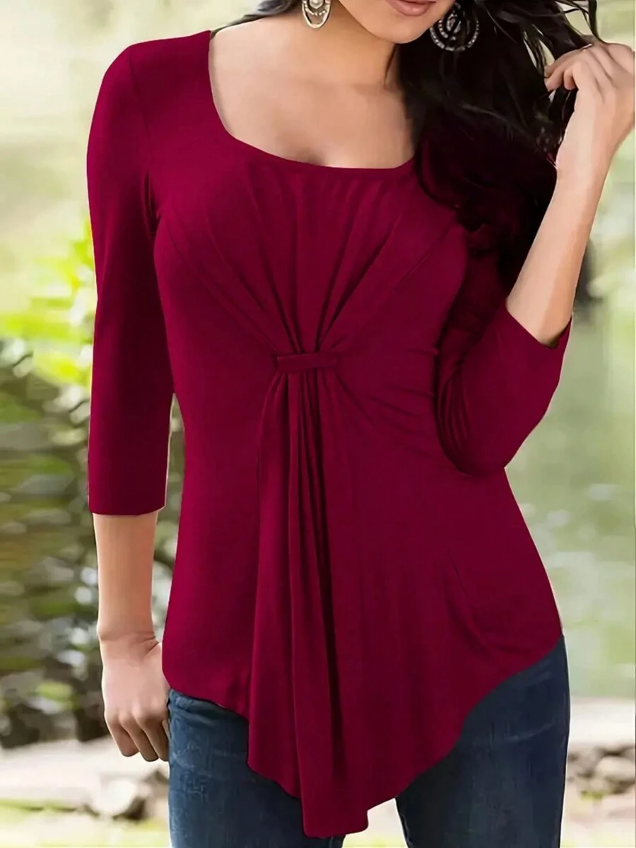 實色褶皺t恤,休閒圓領長袖t恤,女裝