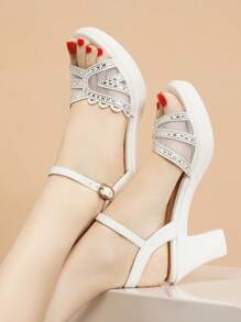 Neue Ankunft Sommer Bequeme Wasserdichte Plattform Chunky Heel Sandalen Mit Strass Details Für Frauen 's Party & Freizeitkleidung, Weiß