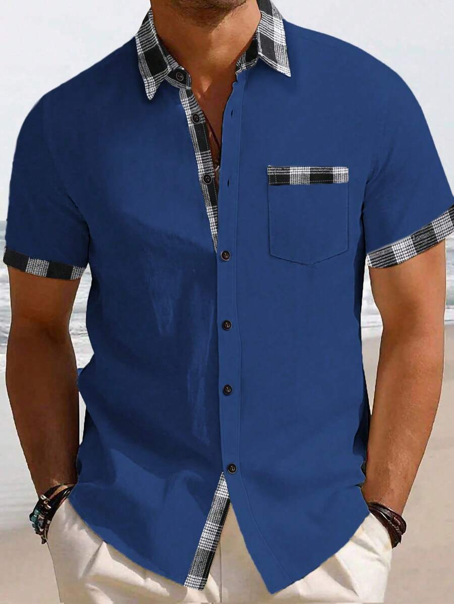 Manfinity Mode Men's Plaid Patchwork Pocket Short Sleeve Shirt - Blue - View 1