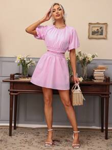 Aveloria Solid Color Hollow Out & Pleated Casual Dress - Baby Pink - View 5