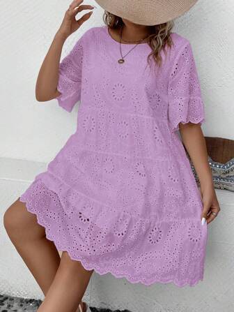 EMERY ROSE Plus Size Women's Summer Round Neck Short Sleeve Burnout Floral Embroidery Asymmetrical Ruffled Hem Dress