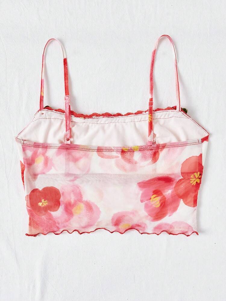 Ladies' Floral Printed Lace Patchwork Camisole Top With Ruffle Hem