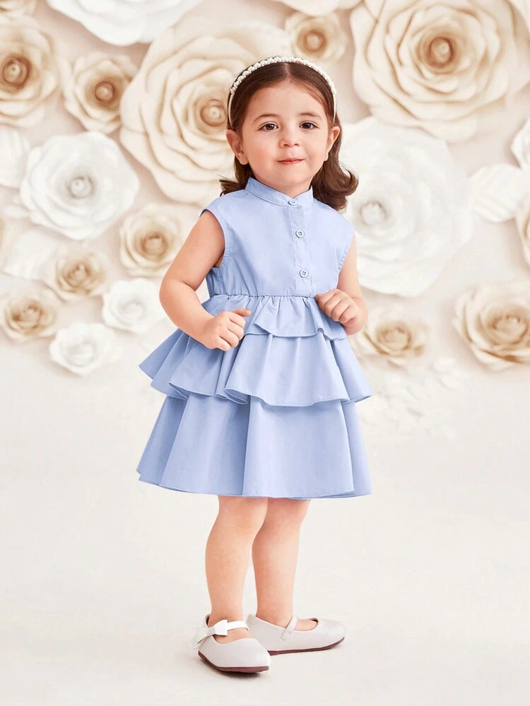 Baby Girl Casual Solid Color Stand Collar Sleeveless Layered Waist Dress