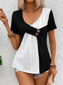 SHEIN LUNE Của phụ nữ Khối màu Xu hướng: Cắt giảm Thêu Áo thun - Đen và trắng - Xem 3