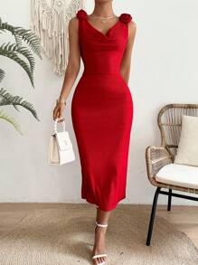 Rafferiza Váy Maxi Cổ V Không Tay Màu Trơn Cho Trang Phục Năm Mới Cho Phụ Nữ - Đỏ - Xem 3