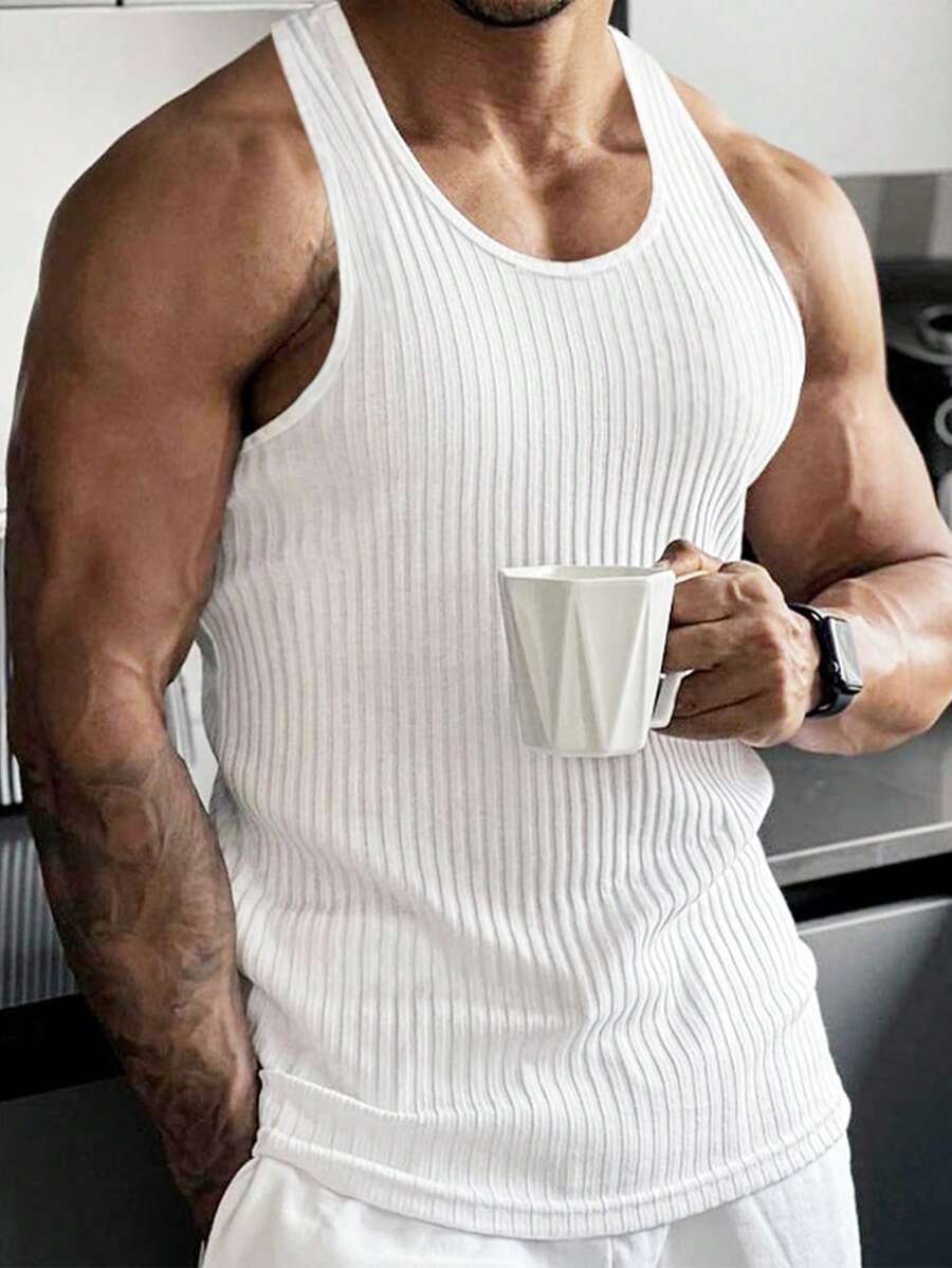 RueChic Men Solid Ribbed Knit Tank Top - White - View 1