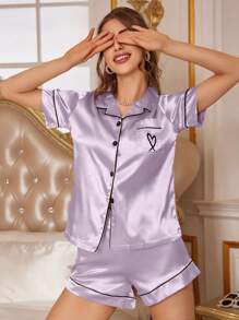 LuxeNights Women's Imitation Silk Pajama Set With Heart-Shaped Pocket And Embroidery - Lilac Purple - View 6