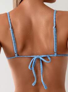 SHEIN Swim Women's Solid Color Front Tie Two-Piece Bikini Set Summer Beach - Blue - View 3