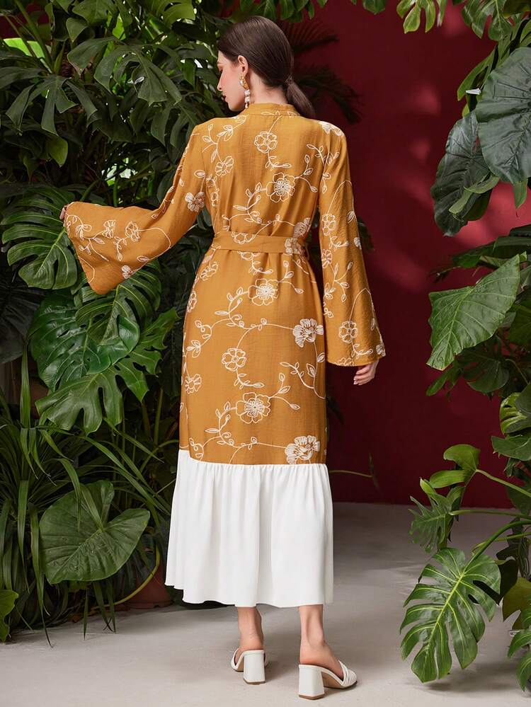 Women's Floral & Stripe Print Bell Sleeves Dress