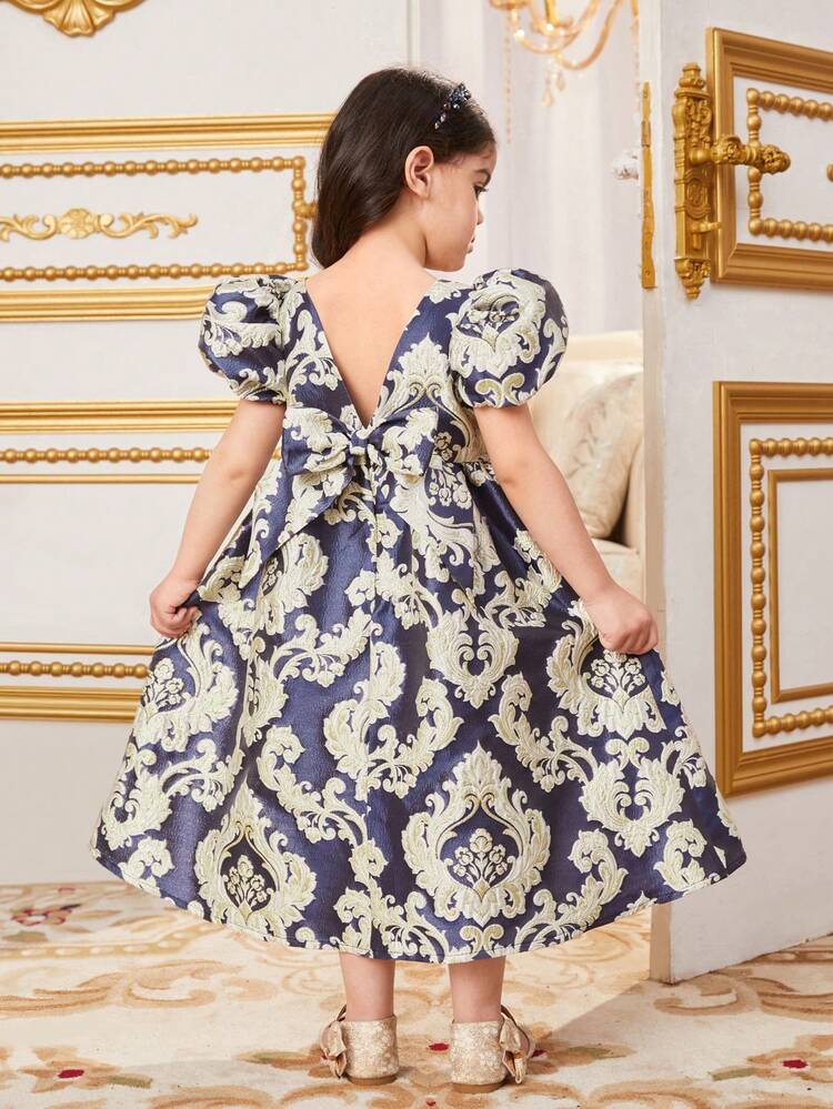 Young Girls' Lovely Square Neckline Jacquard Puff Sleeve Dress