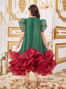SHEIN 青少女寬鬆休閒色塊荷葉邊連衣裙 - 綠色 - 查看 2