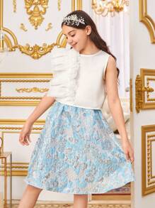 SHEIN Tween Girls' Loose And Lovely Light Palace Style Frilled Round Neckline Shirt & Floral Skirt Two-Piece Set - Blue - View 4