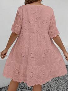 EMERY ROSE Váy xòe thêu viền ren cổ tròn tay ngắn cỡ lớn cho nữ, mùa hè - Bụi hồng - Xem 2