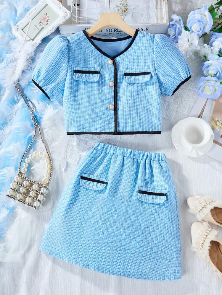 Tween Girl Color Block Bubble Sleeve Blouse With Scalloped Edge And Skirt