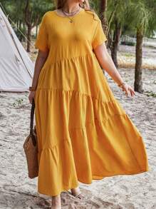 EMERY ROSE Vestido Amarillo De Verano Para Mujer Con Cuello Redondo, Manga Corta Y Dobladillo Con Volantes En Talla Grande - Mostaza Amarilla - Ver 1