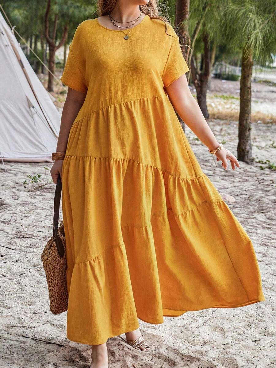 EMERY ROSE Vestido Amarillo De Verano Para Mujer Con Cuello Redondo, Manga Corta Y Dobladillo Con Volantes En Talla Grande - Mostaza Amarilla - Ver 1