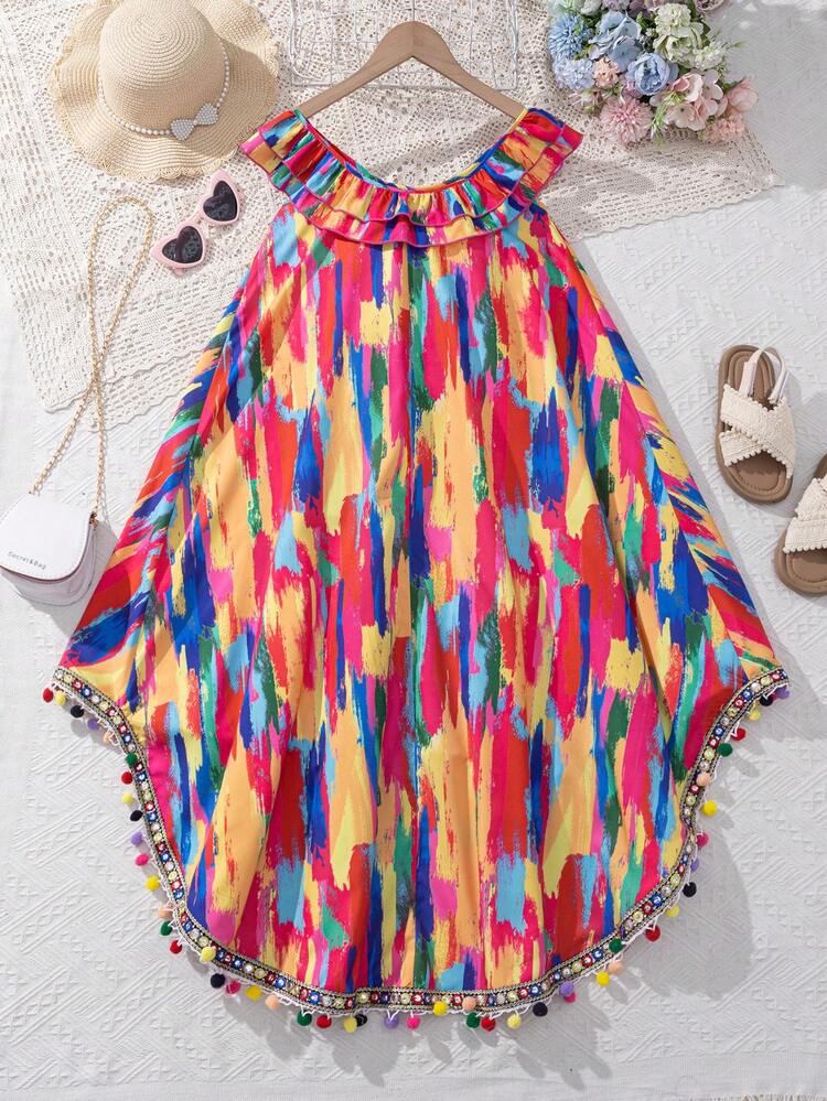 Tween Girls' Casual & Elegant & & Vacation Multicolor Ruffle Hem High Low Dress
