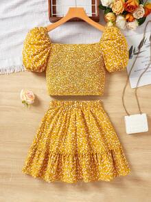 SHEIN Ensemble décontracté de deux pièces pour adolescente, composé d'un Top à manches courtes avec imprimé floral tressé et nœud, et d'une jupe pour les vacances - Jaune citron - Voir 2