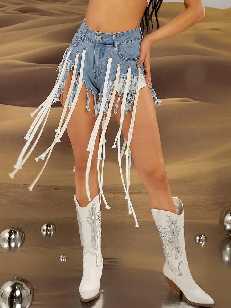 Fringe Strap Frayed Hem Denim Shorts