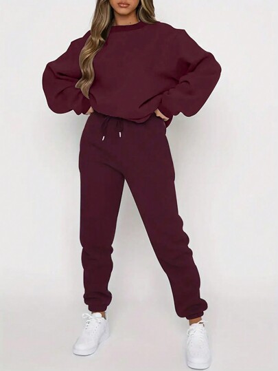 INAWLY Solid Color Round Neck Loose Drop Shoulder Sweatshirt And Ribbed Hem Jogger Pants