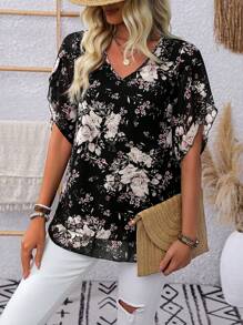 EMERY ROSE Hoa In Cổ chữ V Áo sơ mi Với Ruffled Đối với Giải trí - Đen và trắng - Xem 4