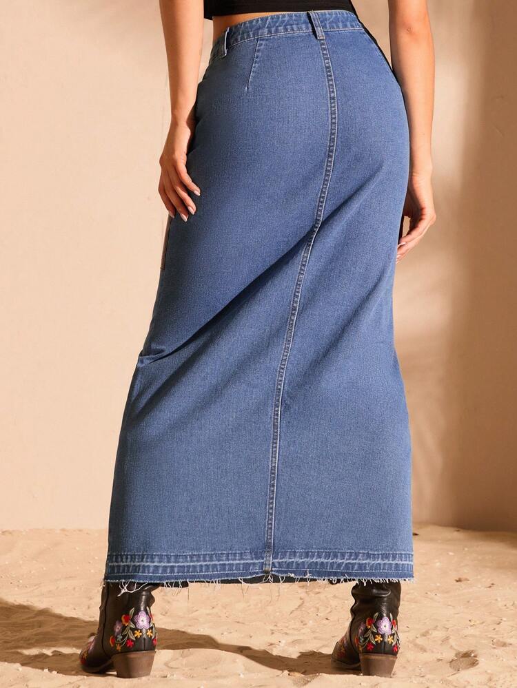 Women's Patchwork Printed Denim Skirt With Pockets