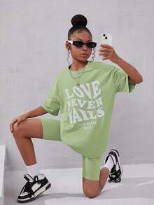 SHEIN Áo thun cổ tròn in chữ trễ vai và quần short thường ngày 2 món cho bé gái tuổi mới lớn - Màu xanh chanh - Xem 4