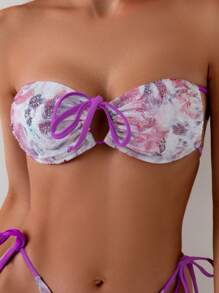SHEIN Swim Bộ bikini không dây nhuộm loang mùa hè cho nữ - Màu tím - Xem 4