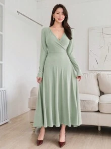 DAZY Solid Color V-Neck Long Sleeve Cinching Waist Dress,Fall Dress - Green - View 5